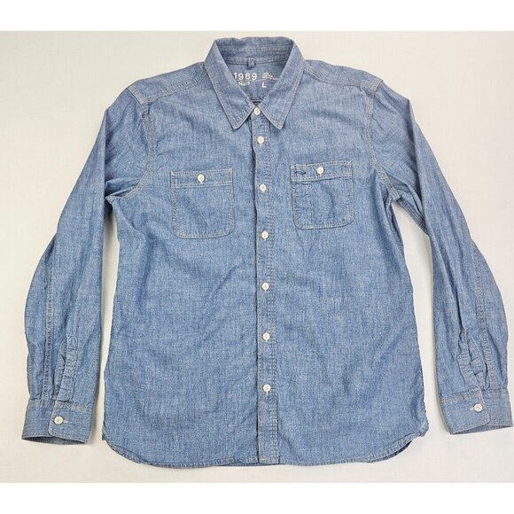 Gap 1969 Size Large Mens Blue Iconic Worker Chambray Denim Long Sleeve Shirt - Picture 1 of 10